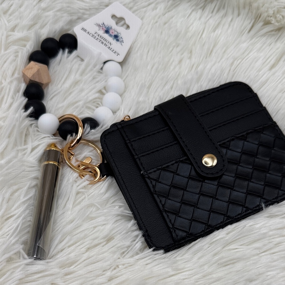 Elegant Black Woven Card Holder with Beaded Keychain